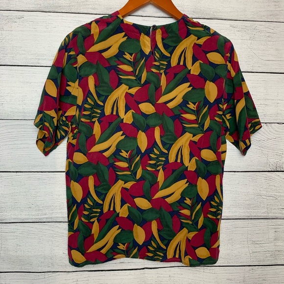 [Douglass] Vintage Leaves Print Silk Top - Picture 3 of 7